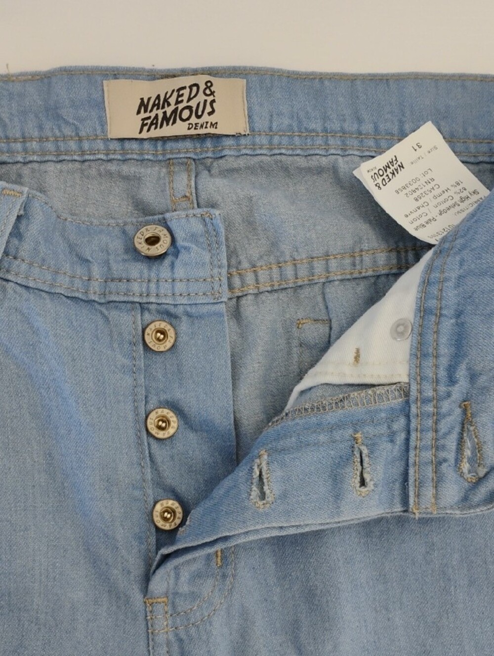 Naked & Famous Weird Guy Sky High Selvedge Pale Blue Cotton Hemp Jeans 31x35 - Picture 6 of 16